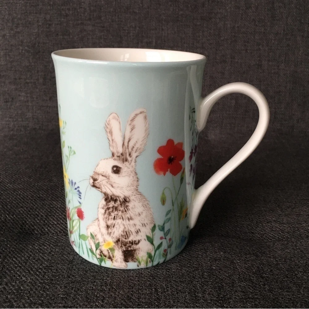 Bunny + Floral Colorful Spring Coffee, Tea Mug, Blue, White, NEW, 12 oz